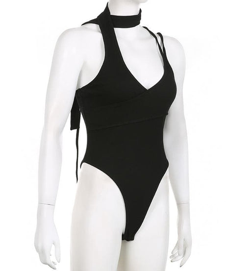 Chic Black Ribbed Halter Bodysuit with Asymmetrical Straps – Your Essential Fall Style
