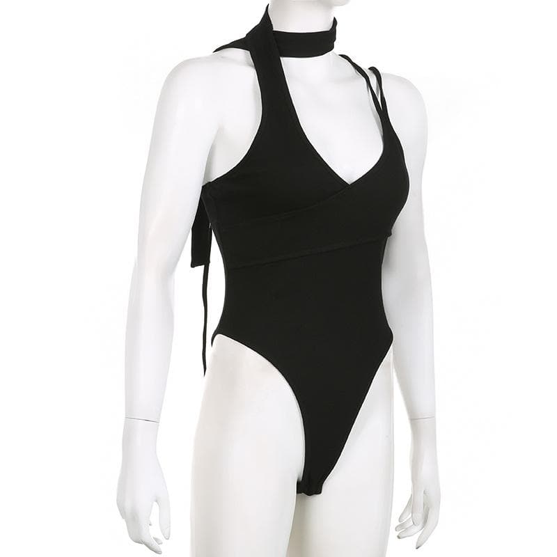 Chic Black Ribbed Halter Bodysuit with Asymmetrical Straps – Your Essential Fall Style