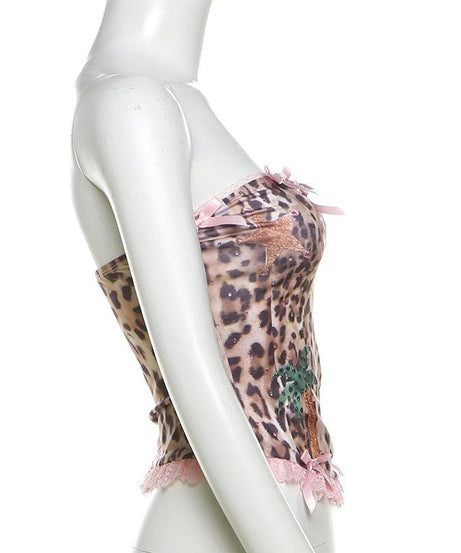 Vegas Vixen Pink Leopard Tube Top - Y2K Glam, Bows & Lace for Wild Fall Nights