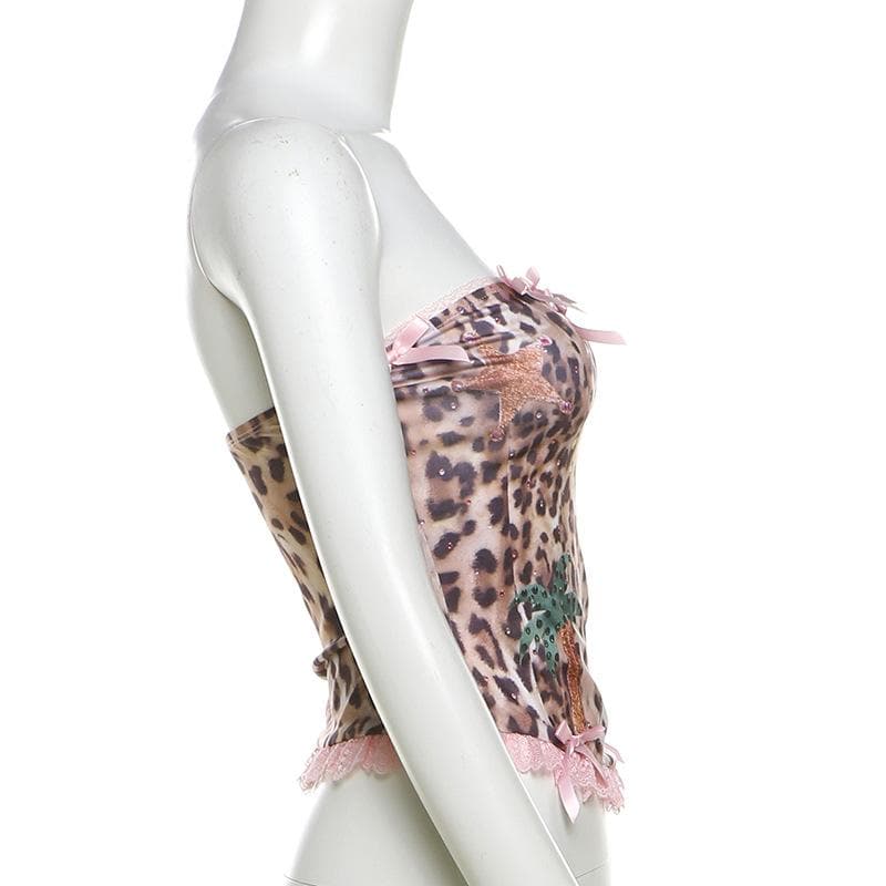 Vegas Vixen Pink Leopard Tube Top - Y2K Glam, Bows & Lace for Wild Fall Nights
