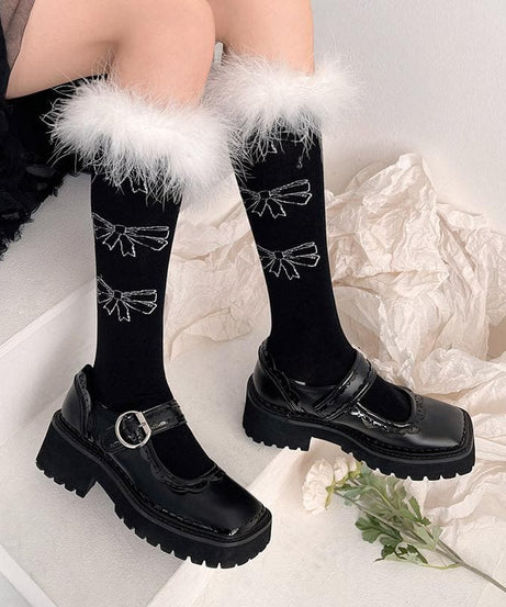Coquette Feather Bow Knee High Socks - Cozy Faux Fur for Fall & Halloween Fun!