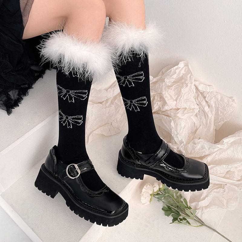 Coquette Feather Bow Knee High Socks - Cozy Faux Fur for Fall & Halloween Fun!