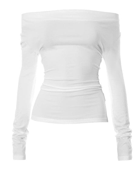 Chic & Cozy White Off-Shoulder Ruched Long Sleeve Top – Your Essential Fall Style