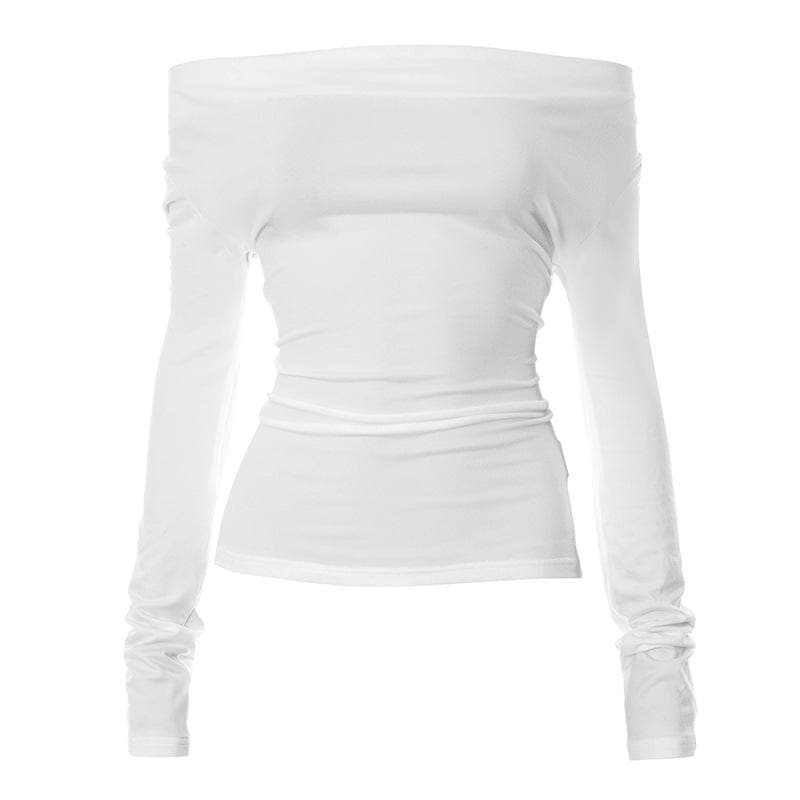 Chic & Cozy White Off-Shoulder Ruched Long Sleeve Top – Your Essential Fall Style