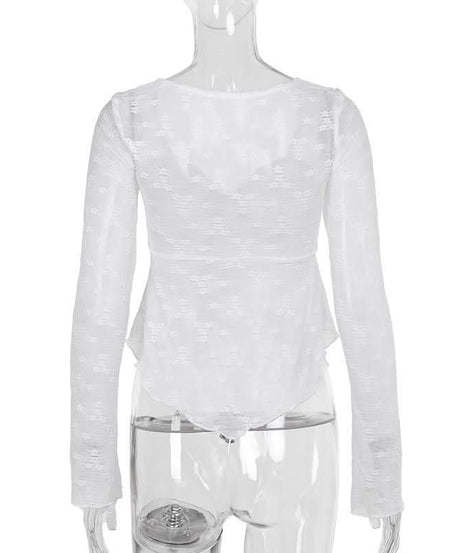 Autumn Whispers Sheer Floral Tie-Front Blouse - Romantic Y2K Long Sleeve Top for Women