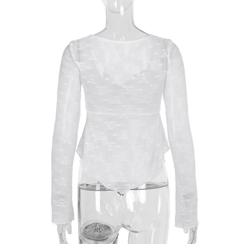 Autumn Whispers Sheer Floral Tie-Front Blouse - Romantic Y2K Long Sleeve Top for Women