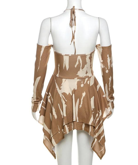 Edgy Fall Nights: Abstract Print Halter Cut-Out Mini Dress with Cold Shoulder Sleeves
