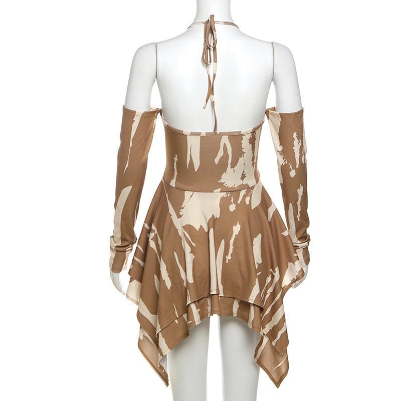 Edgy Fall Nights: Abstract Print Halter Cut-Out Mini Dress with Cold Shoulder Sleeves