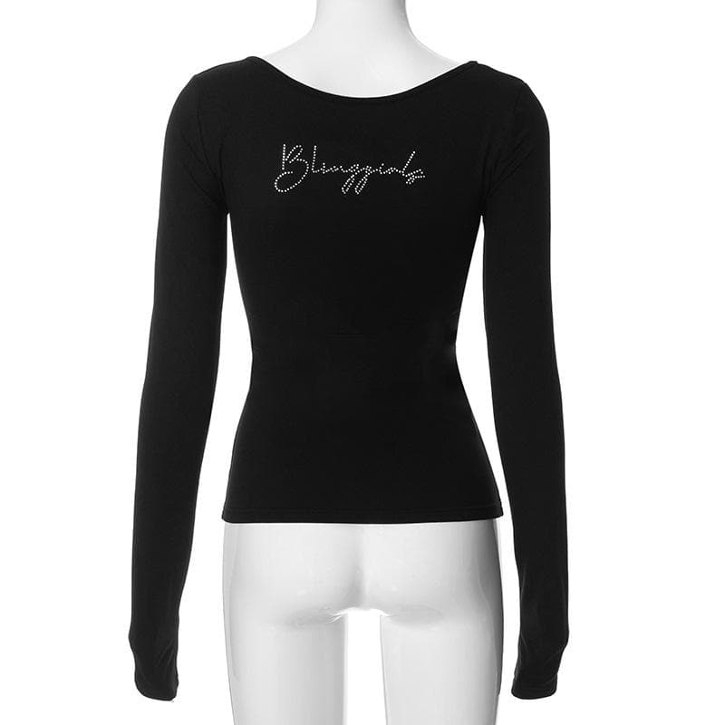 Dazzling Rhinestone Square Neck Long Sleeve Top - Chic Y2K Fall Style