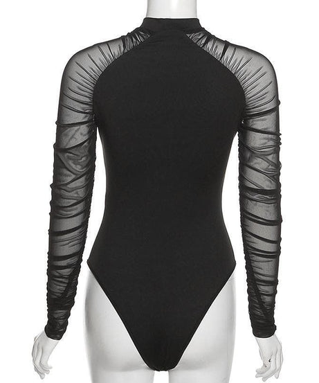 Effortless Chic Black Mesh Illusion High Neck Bodysuit | Fall & Holiday Style Essential