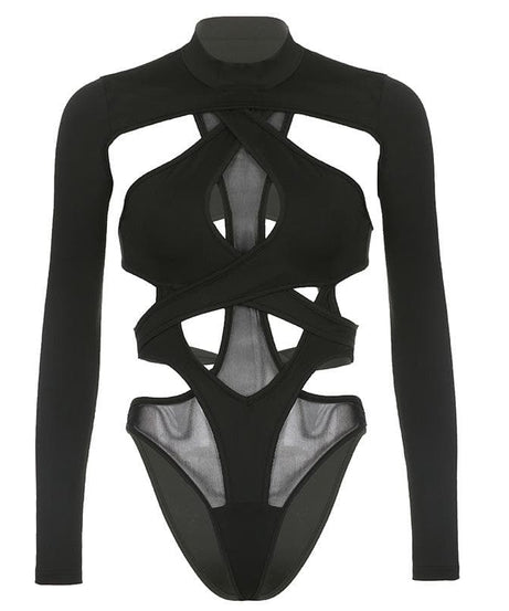 Edgy Long Sleeve Cutout Mesh Bodysuit - Your Daring Night Out & Halloween Statement Piece