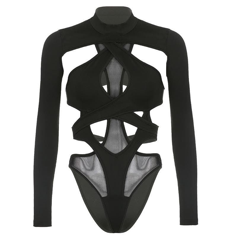 Edgy Long Sleeve Cutout Mesh Bodysuit - Your Daring Night Out & Halloween Statement Piece