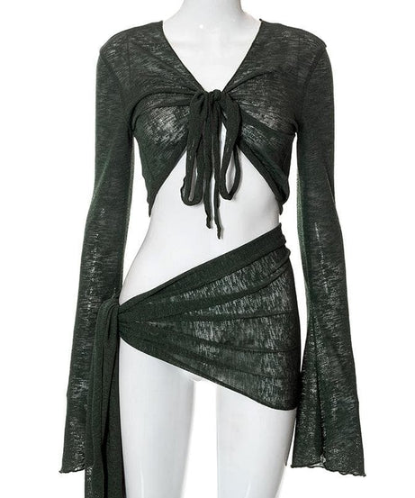 Sultry Sage Sheer Knit Two-Piece Set | Tie-Front Crop Top & Ruched Mini Skirt for Daring Fall Nights