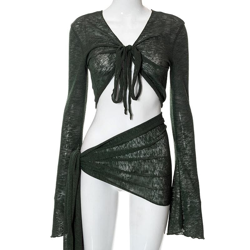Sultry Sage Sheer Knit Two-Piece Set | Tie-Front Crop Top & Ruched Mini Skirt for Daring Fall Nights