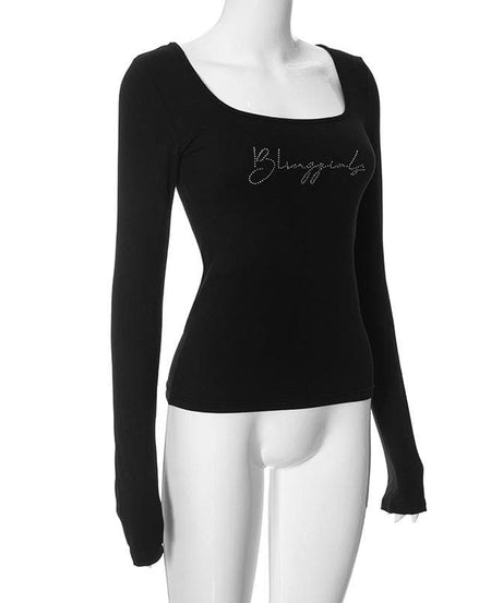 Dazzling Rhinestone Square Neck Long Sleeve Top - Chic Y2K Fall Style