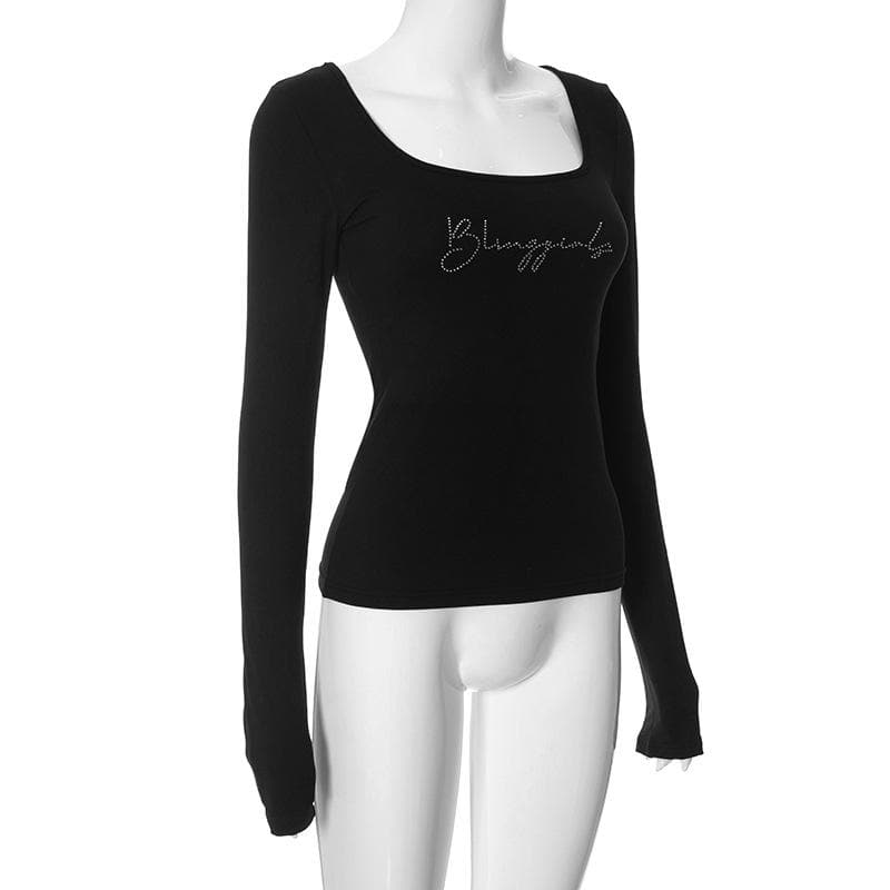 Dazzling Rhinestone Square Neck Long Sleeve Top - Chic Y2K Fall Style