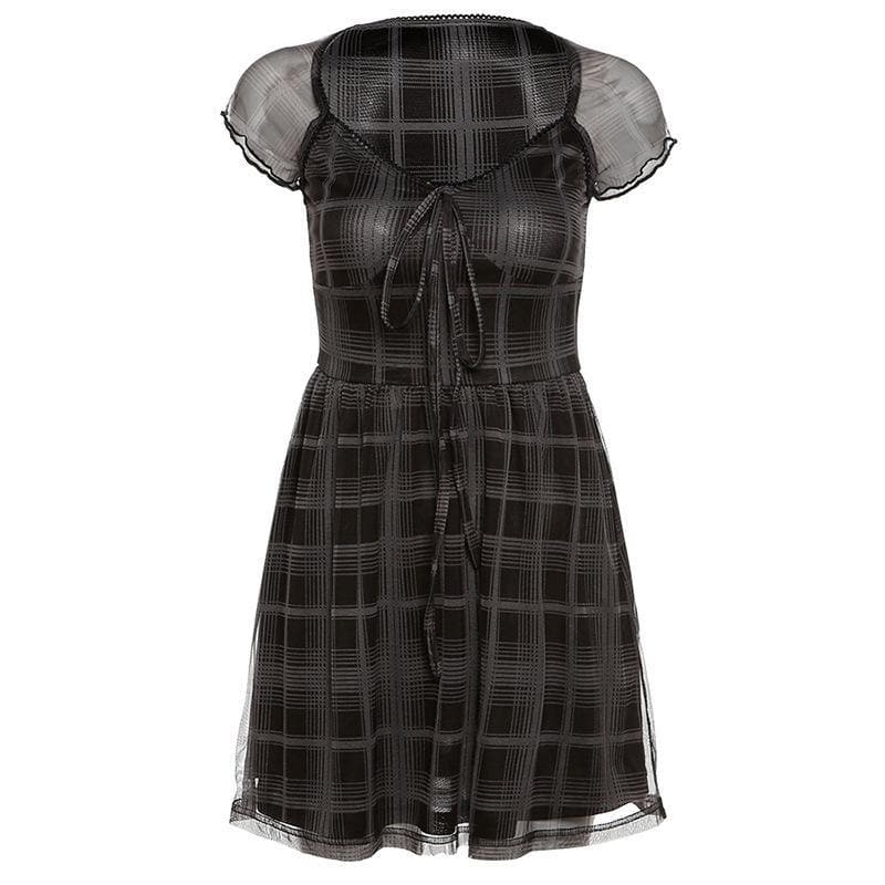 Chic Blue Plaid Mesh Mini Dress - Y2K Babydoll Style for Fall