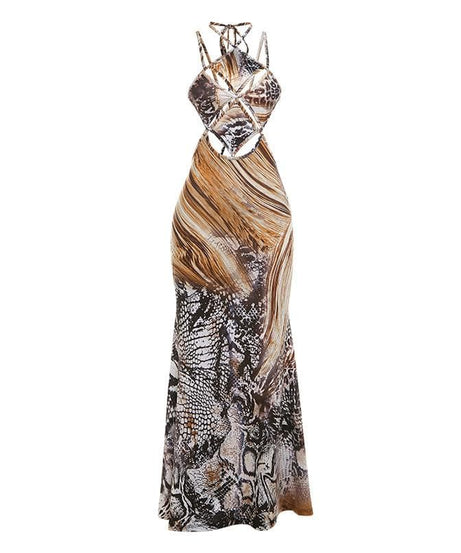 Daring Snakeskin Halter Cut-Out Maxi Dress - Fall Glam & Resort Ready