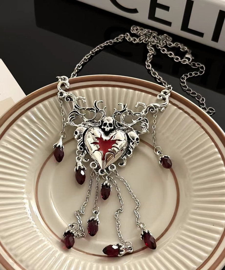 Dark Romance Blood Red Heart & Skull Tassel Necklace - Gothic Halloween & Fall Statement