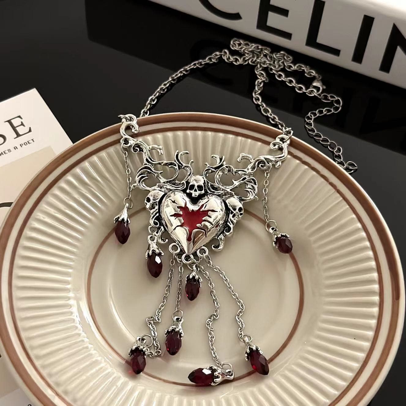 Dark Romance Blood Red Heart & Skull Tassel Necklace - Gothic Halloween & Fall Statement