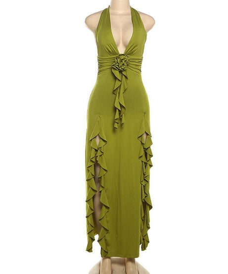 Enchanting Olive Green Halter Maxi Dress with Ruffled High Slits & Rose Applique - Your Fall Event Statement