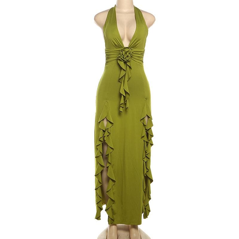 Enchanting Olive Green Halter Maxi Dress with Ruffled High Slits & Rose Applique - Your Fall Event Statement