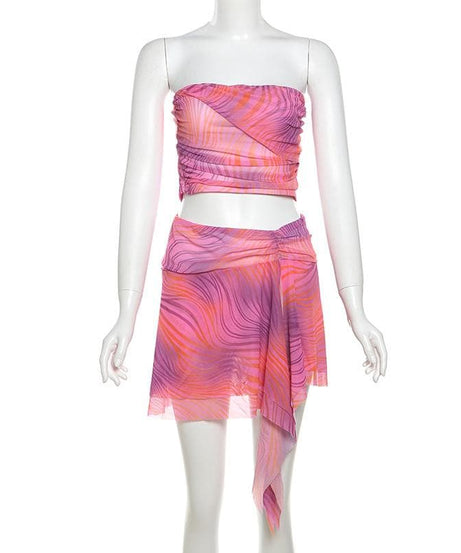 Y2K Pink Swirl Mesh Two-Piece Set: Strapless Crop Top & Asymmetric Mini Skirt - Perfect for Fall Getaways & Parties