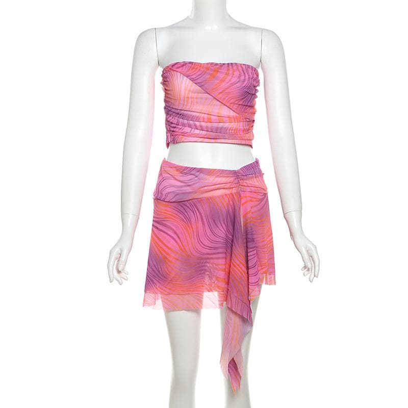 Y2K Pink Swirl Mesh Two-Piece Set: Strapless Crop Top & Asymmetric Mini Skirt - Perfect for Fall Getaways & Parties