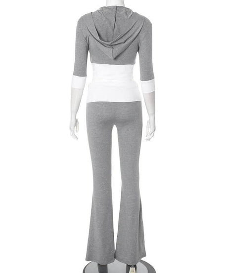 Cozy Fall Flair: Women's Cropped Zip Hoodie & Flare Legging Set - Athleisure Loungewear