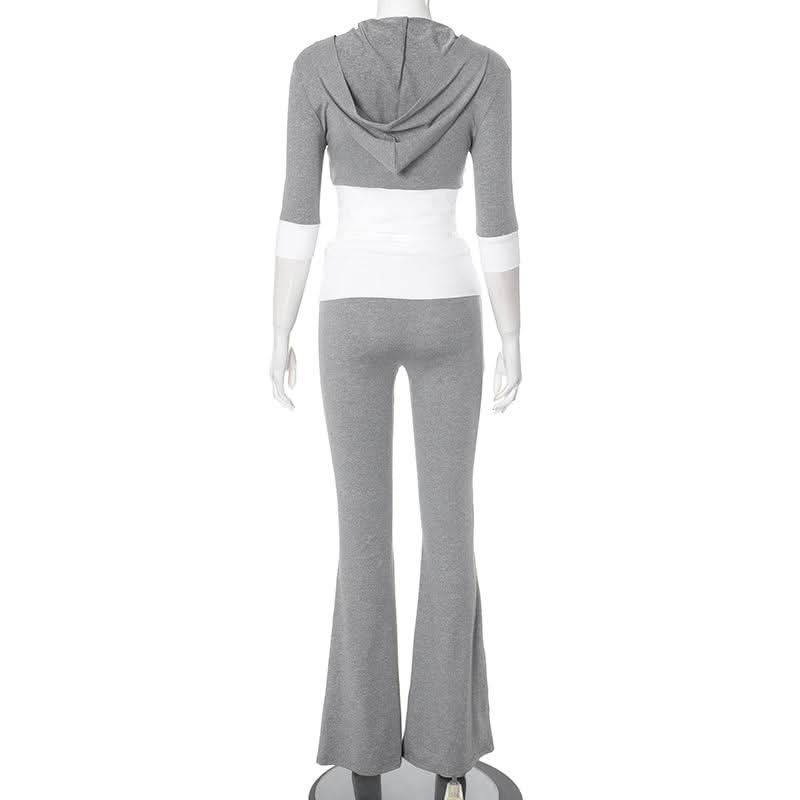 Cozy Fall Flair: Women's Cropped Zip Hoodie & Flare Legging Set - Athleisure Loungewear
