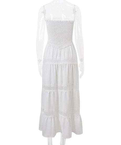 Effortless White Smocked Strapless Maxi Dress - Tiered Lace Boho Style for Your Resort Getaway