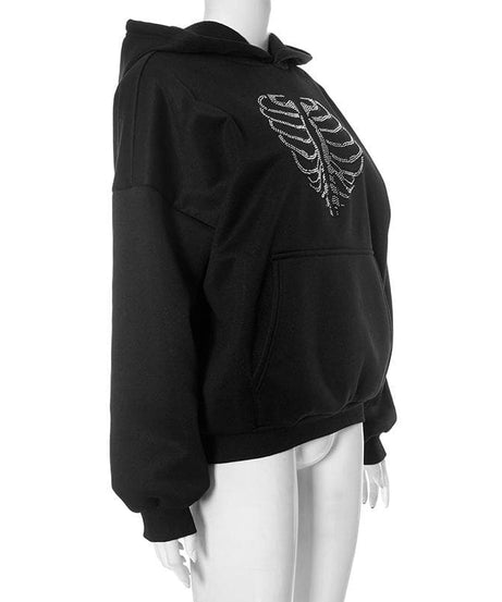 Spooky Chic Rhinestone Rib Cage Heart Hoodie - Cozy Oversized Fall & Halloween Fashion