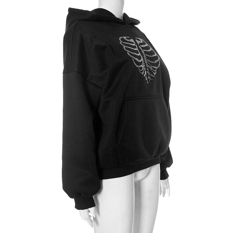 Spooky Chic Rhinestone Rib Cage Heart Hoodie - Cozy Oversized Fall & Halloween Fashion