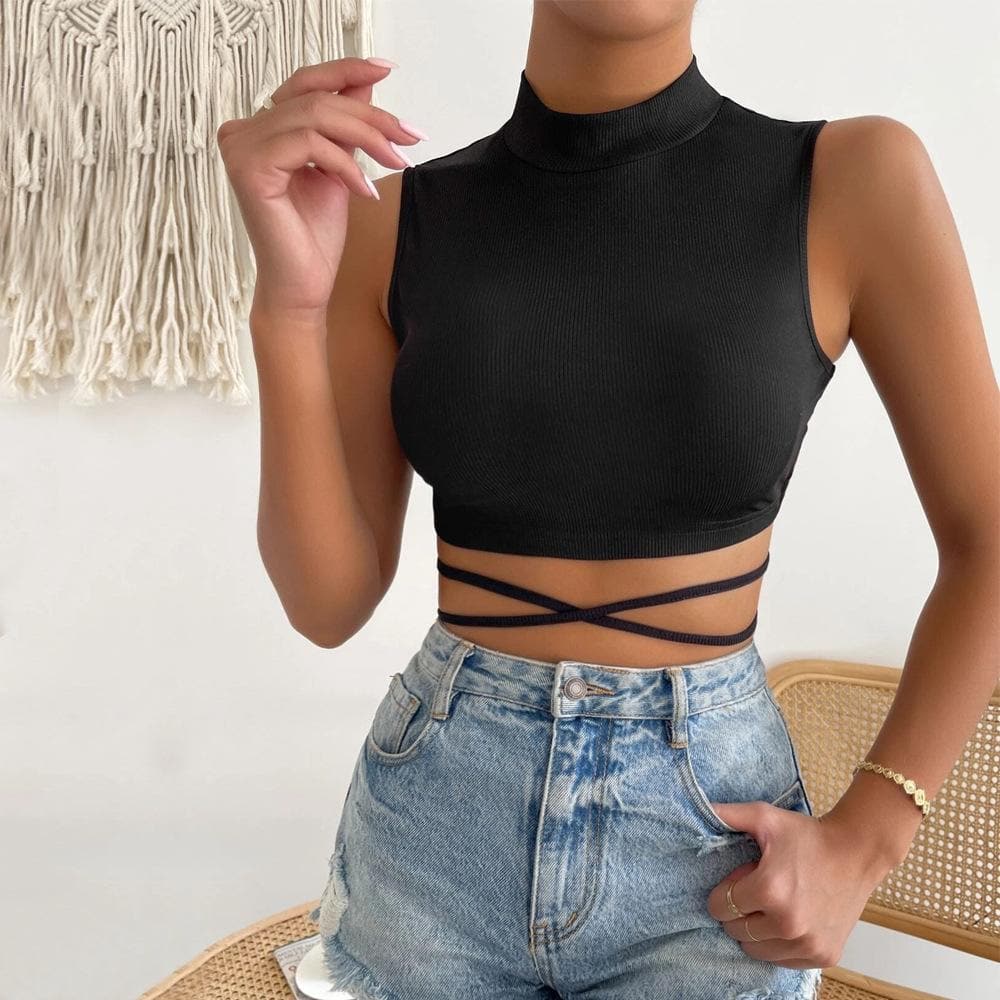 Chic Black Ribbed Mock Neck Sleeveless Wrap-Tie Crop Top – Fall Fashion Essential
