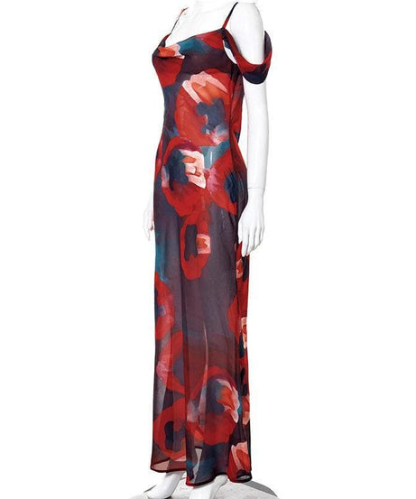The 'Obsidian Poppy' Sheer Maxi Dress - Off-Shoulder Glamour for Fall & Holiday Events