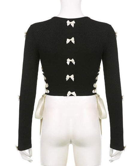 Coquette Charm: Black Bowknot Lace-Up Long Sleeve Crop Top | Chic Fall Cut-Out Style