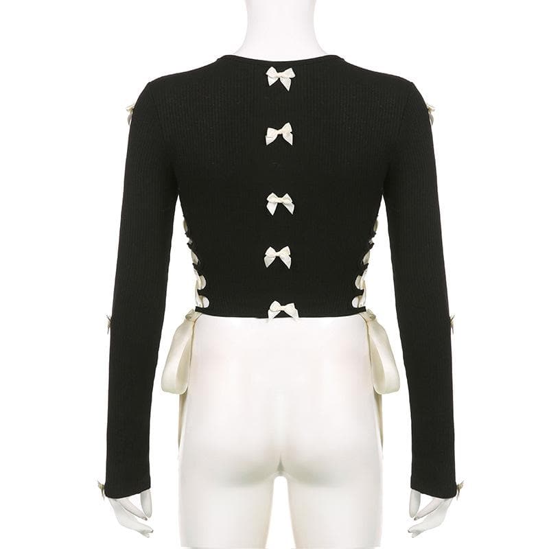 Coquette Charm: Black Bowknot Lace-Up Long Sleeve Crop Top | Chic Fall Cut-Out Style