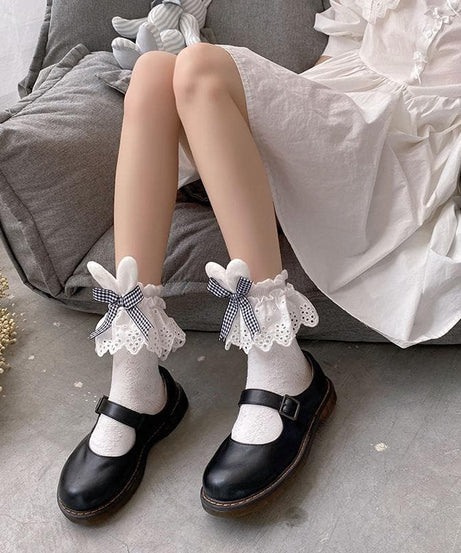 Whimsical Fall Academia: Gingham Bow & Bunny Ear Lace Ankle Socks for Women