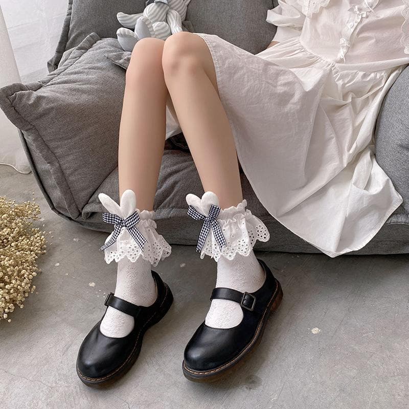 Whimsical Fall Academia: Gingham Bow & Bunny Ear Lace Ankle Socks for Women