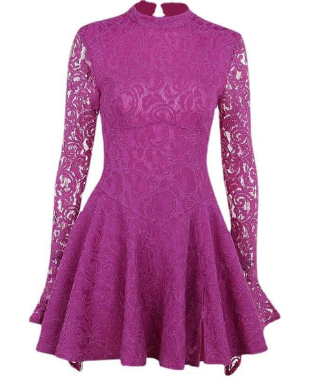 Head-Turning Fuchsia Lace Mock Neck Mini Dress - Your Essential for Fall Parties & Holiday Glam