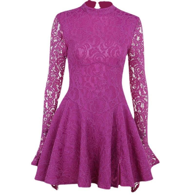 Head-Turning Fuchsia Lace Mock Neck Mini Dress - Your Essential for Fall Parties & Holiday Glam