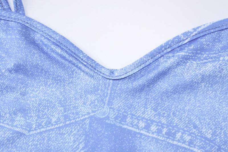 Y2K Faux Denim Print Mini Dress - Chic V-Neck Spaghetti Strap Bodycon for Fall Parties