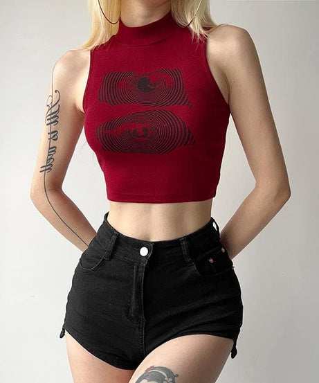 Hypnotic Eye Mock Neck Crop Top - Deep Burgundy Fall Statement Style