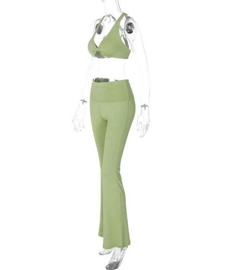Effortless Fall Comfort: Sage Green Flared Legging & Twisted Crop Top Set - Your Athleisure Essential