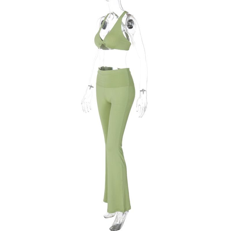 Effortless Fall Comfort: Sage Green Flared Legging & Twisted Crop Top Set - Your Athleisure Essential