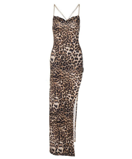 Unleash Your Inner Wild: Daring Leopard Print Cowl Neck Maxi Dress with Gold Chain Straps & High Slit - Fall & Holiday Glam