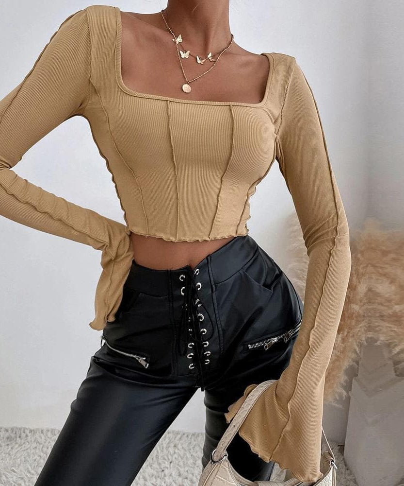 Fall Obsession: Ribbed Square Neck Crop Top with Flared Bell Sleeves & Tie Back