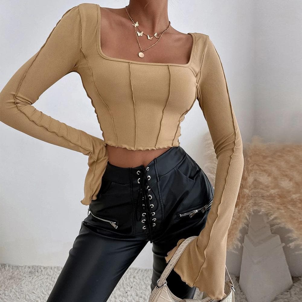 Fall Obsession: Ribbed Square Neck Crop Top with Flared Bell Sleeves & Tie Back
