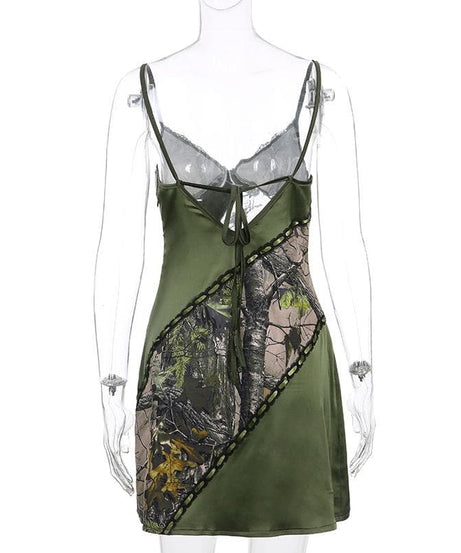 Y2K Woodland Camo & Lace Slip Dress - Olive Green Mini for Fall Nights Out