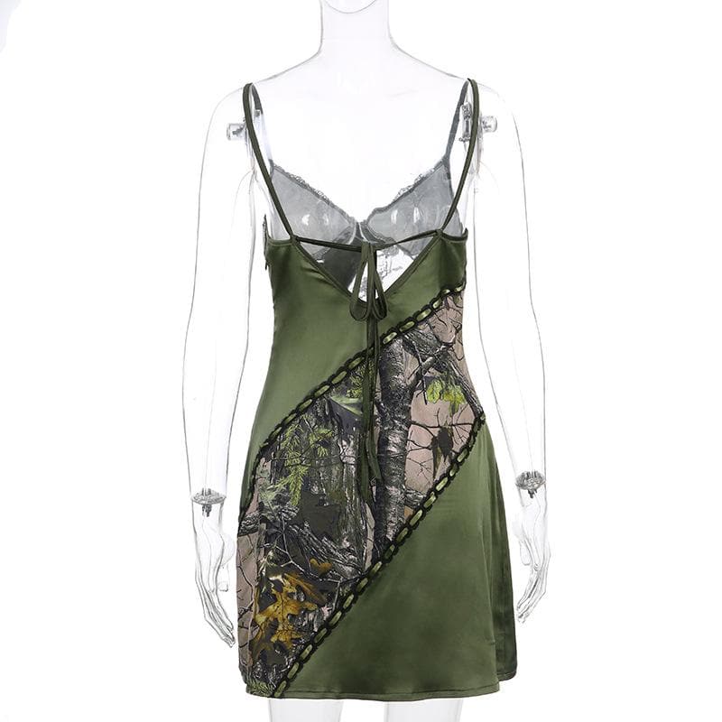 Y2K Woodland Camo & Lace Slip Dress - Olive Green Mini for Fall Nights Out